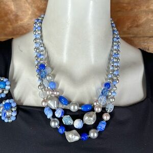 Vintage Late 1950’s bead Necklace & Cluster Earrings Set blues and grays